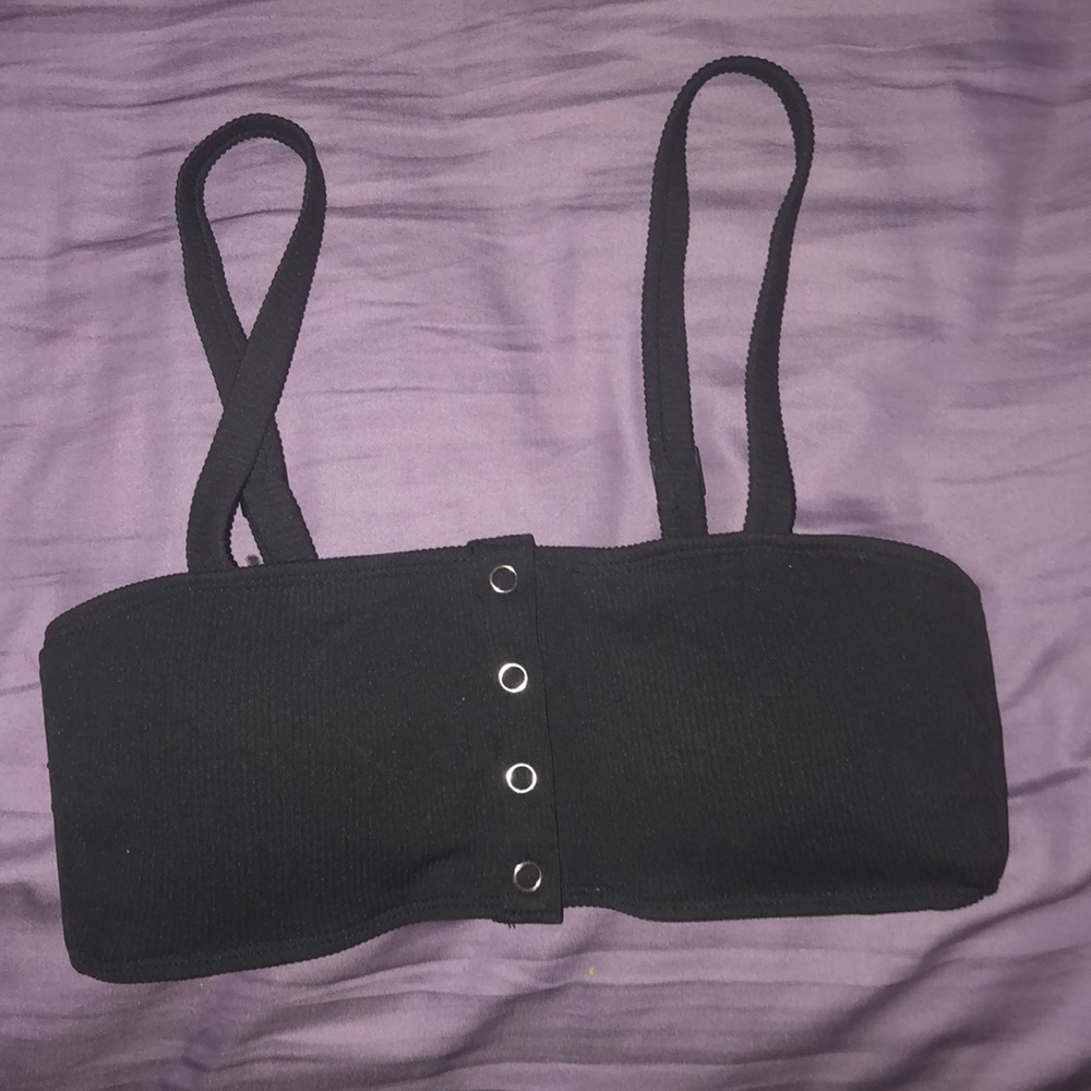 BLACK RIBBED STRAIGHT CUT BIKINI TOP